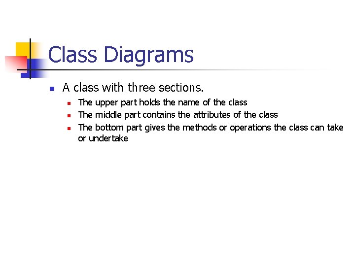 Class Diagrams n A class with three sections. n n n The upper part Class Diagrams n A class with three sections. n n n The upper part