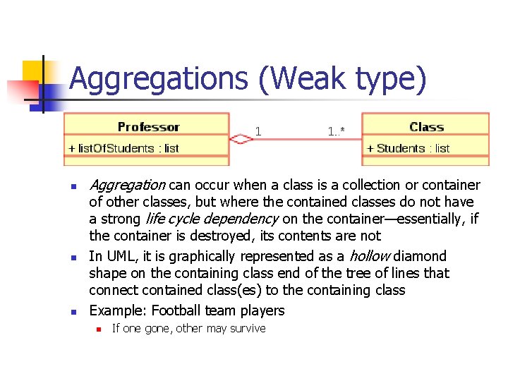 Aggregations (Weak type) n n n Aggregation can occur when a class is a Aggregations (Weak type) n n n Aggregation can occur when a class is a