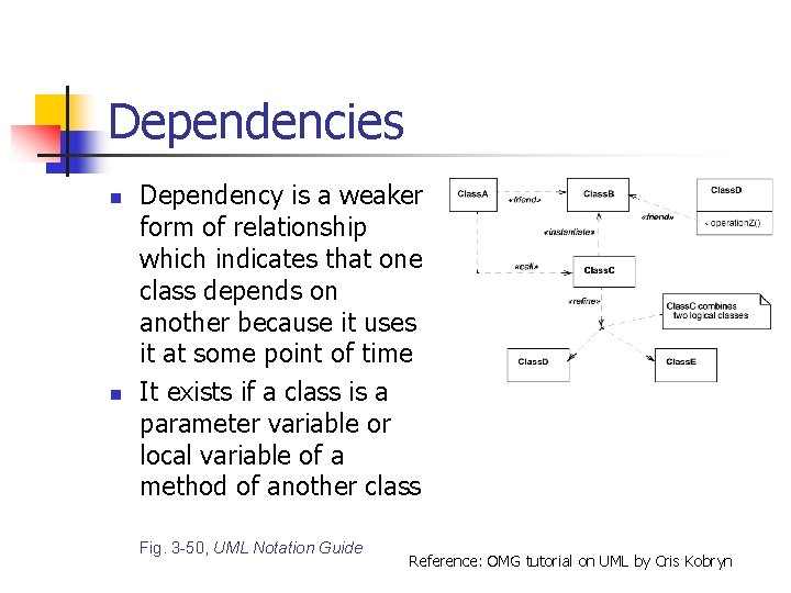 Dependencies n n Dependency is a weaker form of relationship which indicates that one