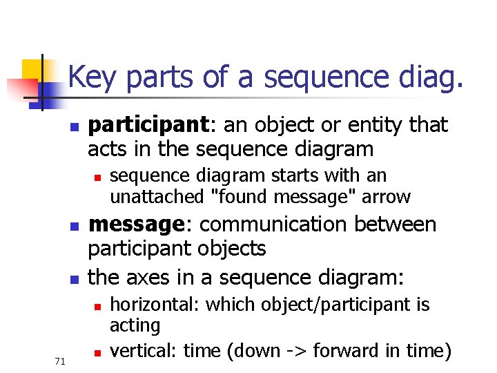 Key parts of a sequence diag. n participant: an object or entity that acts Key parts of a sequence diag. n participant: an object or entity that acts