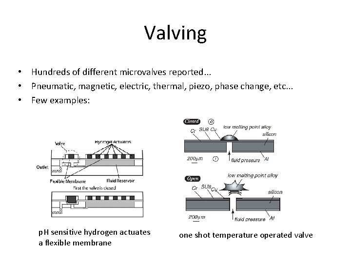 Valving • Hundreds of different microvalves reported. . . • Pneumatic, magnetic, electric, thermal,