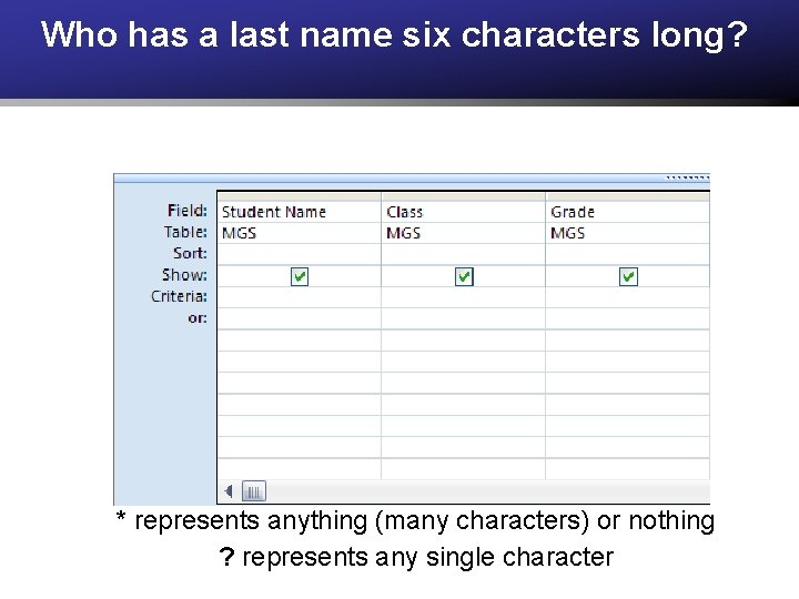 Who has a last name six characters long? * represents anything (many characters) or