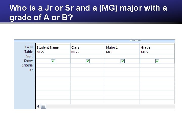 Who is a Jr or Sr and a (MG) major with a grade of