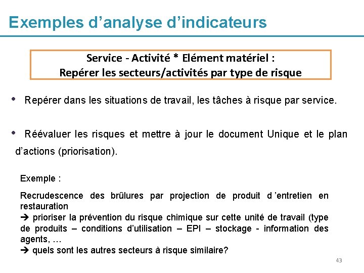 Exemples d’analyse d’indicateurs Service - Activité * Elément matériel : Repérer les secteurs/activités par