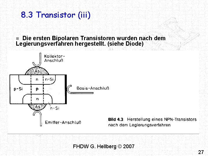 8. 3 Transistor (iii) Die ersten Bipolaren Transistoren wurden nach dem Legierungsverfahren hergestellt. (siehe