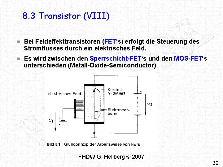 8. 3 Transistor (VIII) n Bei Feldeffekttransistoren (FET‘s) erfolgt die Steuerung des Stromflusses durch