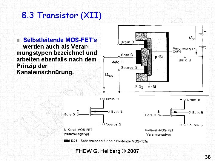 8. 3 Transistor (XII) Selbstleitende MOS-FET‘s werden auch als Verarmungstypen bezeichnet und arbeiten ebenfalls