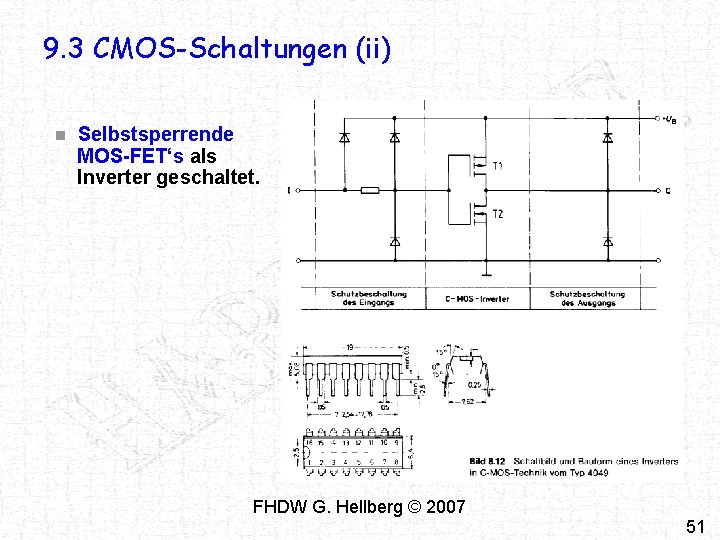 9. 3 CMOS-Schaltungen (ii) n Selbstsperrende MOS-FET‘s als Inverter geschaltet. FHDW G. Hellberg ©