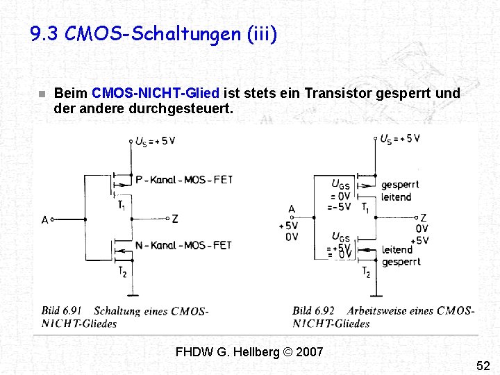 9. 3 CMOS-Schaltungen (iii) n Beim CMOS-NICHT-Glied ist stets ein Transistor gesperrt und der