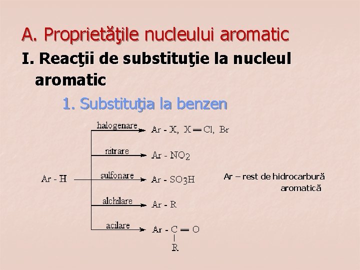 A. Proprietăţile nucleului aromatic I. Reacţii de substituţie la nucleul aromatic 1. Substituţia la