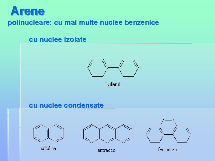  Arene polinucleare: cu mai multe nuclee benzenice cu nuclee izolate cu nuclee condensate