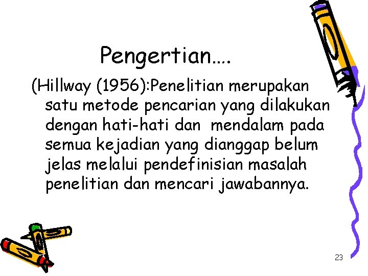 Pengertian…. (Hillway (1956): Penelitian merupakan satu metode pencarian yang dilakukan dengan hati-hati dan mendalam