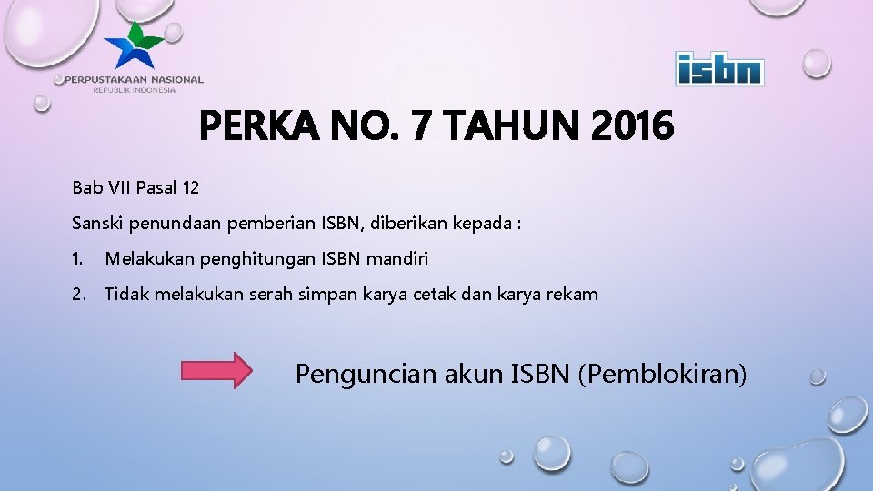 PERKA NO. 7 TAHUN 2016 Bab VII Pasal 12 Sanski penundaan pemberian ISBN, diberikan
