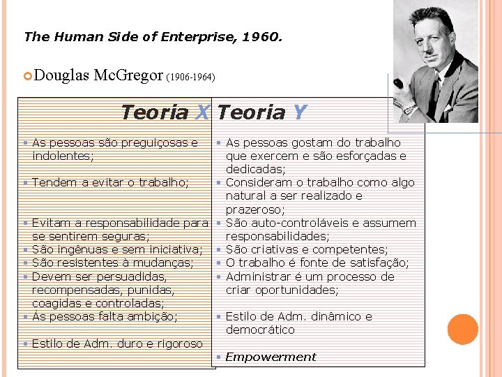 The Human Side of Enterprise, 1960. Douglas Mc. Gregor (1906 -1964) Teoria X Teoria