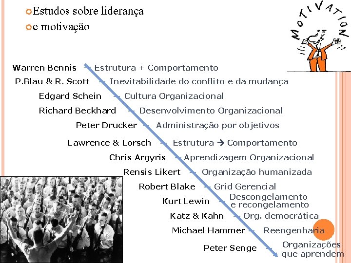  Estudos sobre liderança e motivação Warren Bennis Estrutura + Comportamento P. Blau &