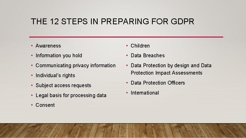 THE 12 STEPS IN PREPARING FOR GDPR • Awareness • Children • Information you