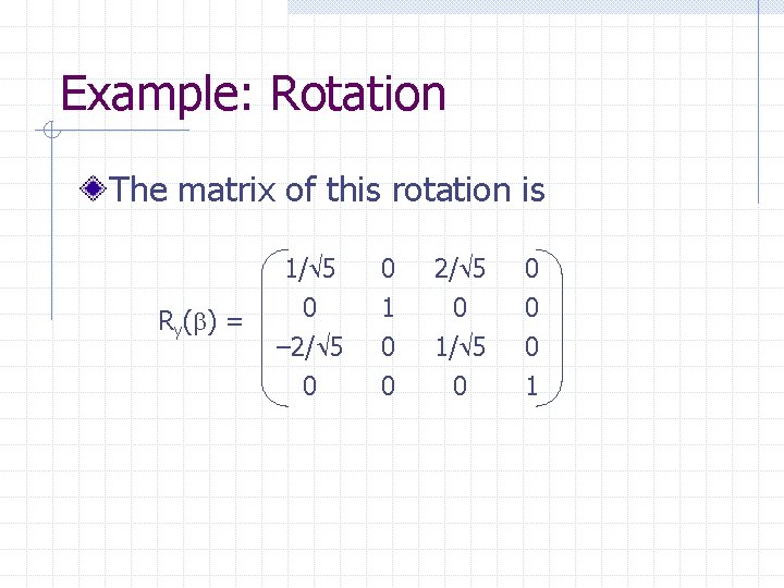 Example: Rotation The matrix of this rotation is 1/ 5 Ry( ) = 0