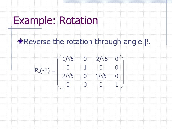 Example: Rotation Reverse the rotation through angle . 1/ 5 Ry(- ) = 0