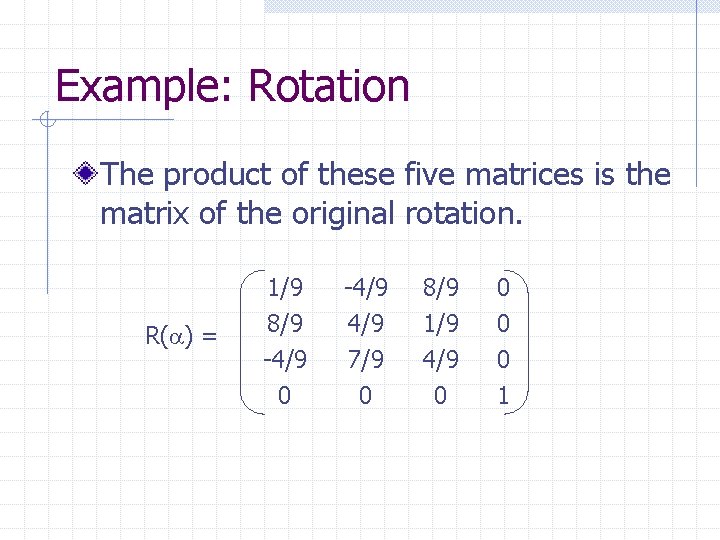 Example: Rotation The product of these five matrices is the matrix of the original