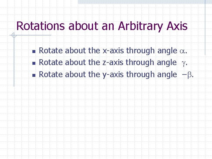 Rotations about an Arbitrary Axis n n n Rotate about the x-axis through angle