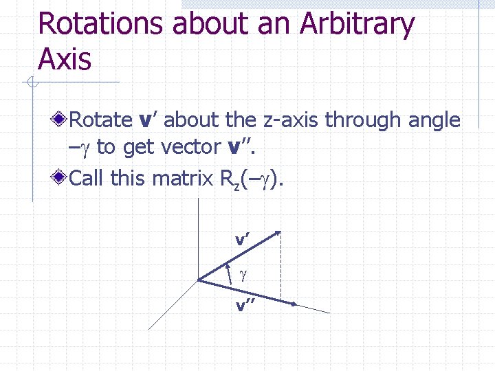 Rotations about an Arbitrary Axis Rotate v’ about the z-axis through angle – to