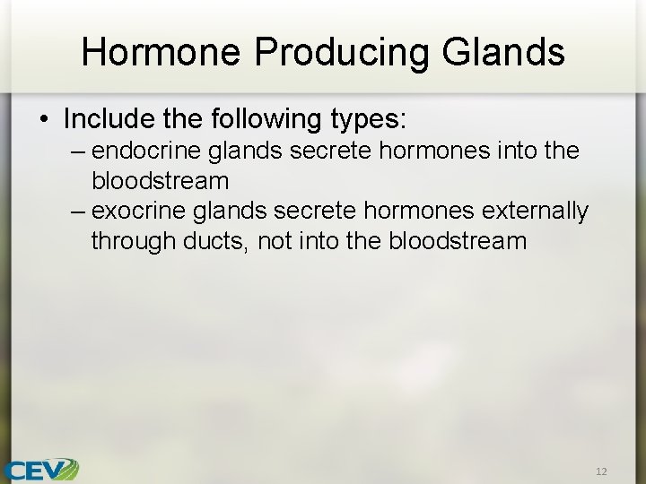 Hormone Producing Glands • Include the following types: – endocrine glands secrete hormones into