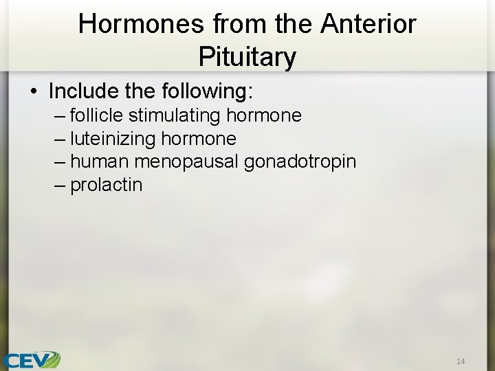 Hormones from the Anterior Pituitary • Include the following: – follicle stimulating hormone –