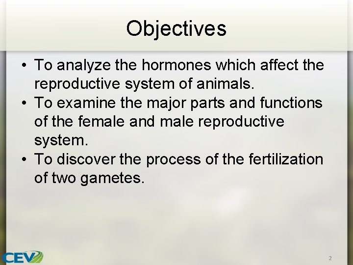 Objectives • To analyze the hormones which affect the reproductive system of animals. •