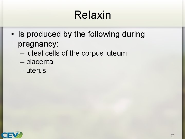 Relaxin • Is produced by the following during pregnancy: – luteal cells of the