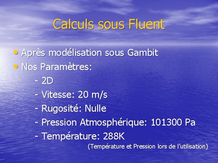 Calculs sous Fluent • Après modélisation sous Gambit • Nos Paramètres: - 2 D