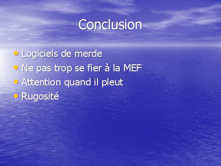 Conclusion • Logiciels de merde • Ne pas trop se fier à la MEF