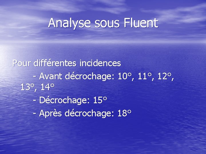 Analyse sous Fluent Pour différentes incidences - Avant décrochage: 10°, 11°, 12°, 13°, 14°