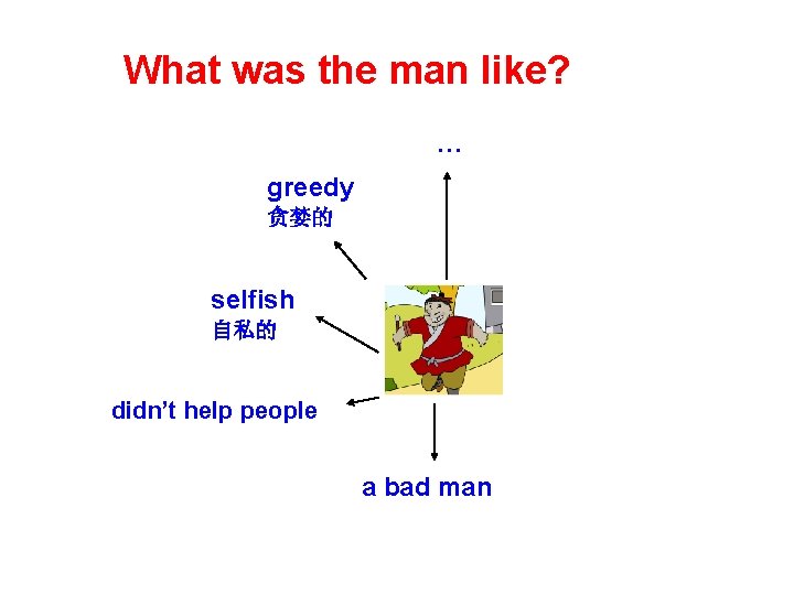 What was the man like? … greedy 贪婪的 selfish 自私的 didn’t help people a