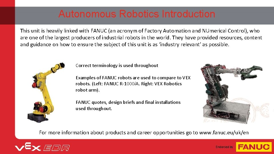 Autonomous Robotics Introduction This unit is heavily linked with FANUC (an acronym of Factory