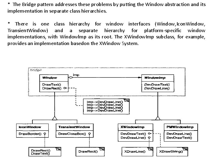 * The Bridge pattern addresses these problems by putting the Window abstraction and its