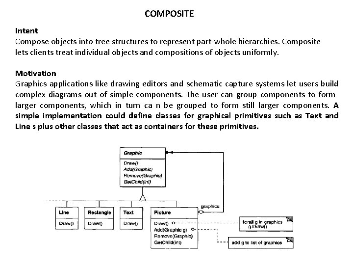COMPOSITE Intent Compose objects into tree structures to represent part-whole hierarchies. Composite lets clients