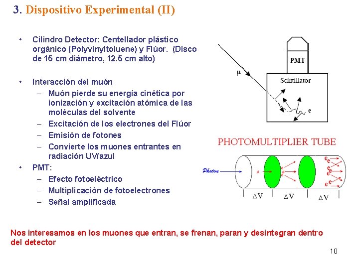 3. Dispositivo Experimental (II) • Cilindro Detector: Centellador plástico orgánico (Polyvinyltoluene) y Flúor. (Disco