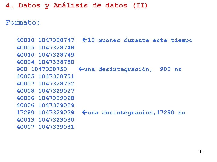 4. Datos y Análisis de datos (II) Formato: 40010 1047328747 10 muones durante este