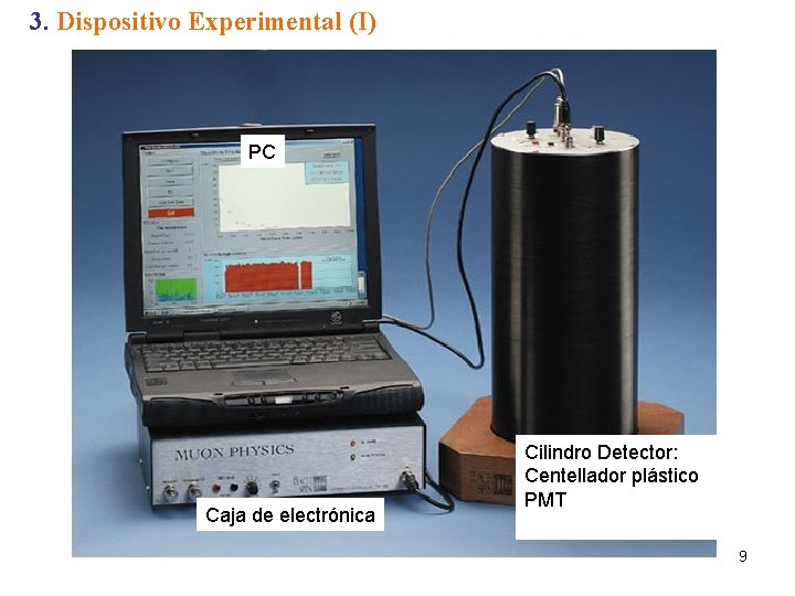 3. Dispositivo Experimental (I) PC Caja de electrónica Cilindro Detector: Centellador plástico PMT 9