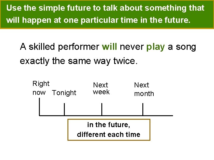 Use the simple future to talk about something that will happen at one particular