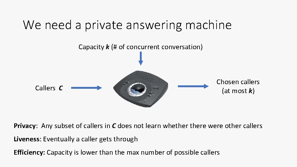 We need a private answering machine Capacity k (# of concurrent conversation) Callers C