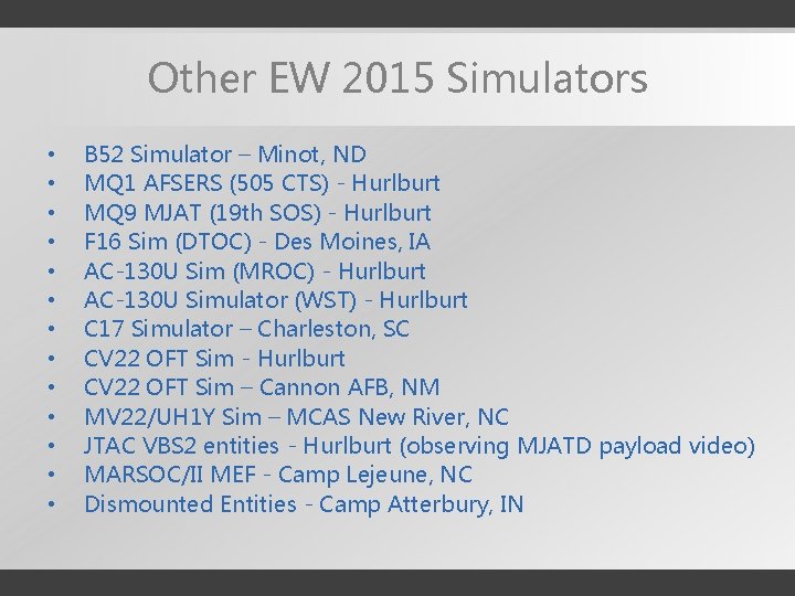 Other EW 2015 Simulators • • • • B 52 Simulator – Minot, ND