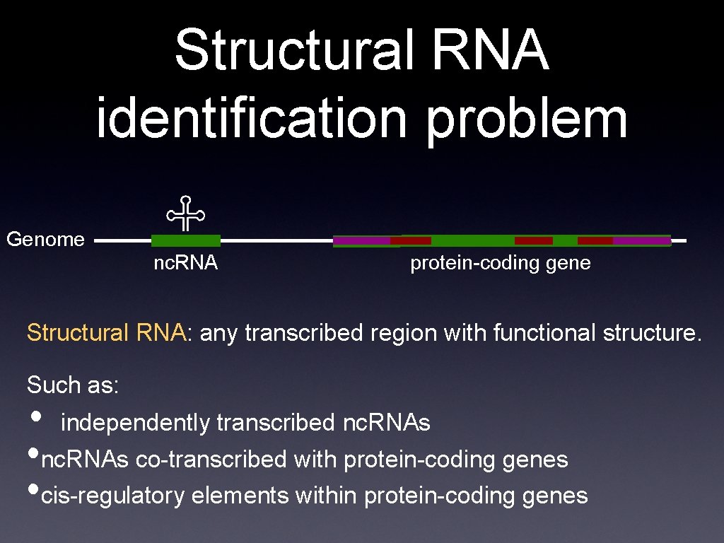 Structural RNA identification problem Genome nc. RNA protein-coding gene Structural RNA: any transcribed region