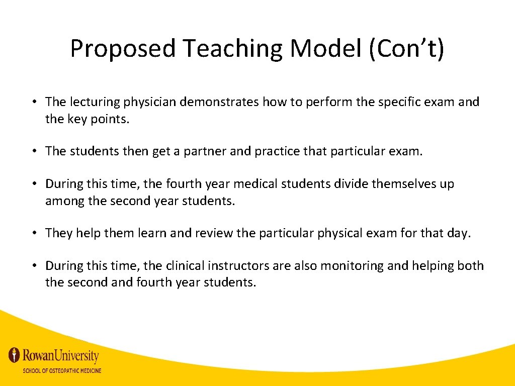 Proposed Teaching Model (Con’t) • The lecturing physician demonstrates how to perform the specific
