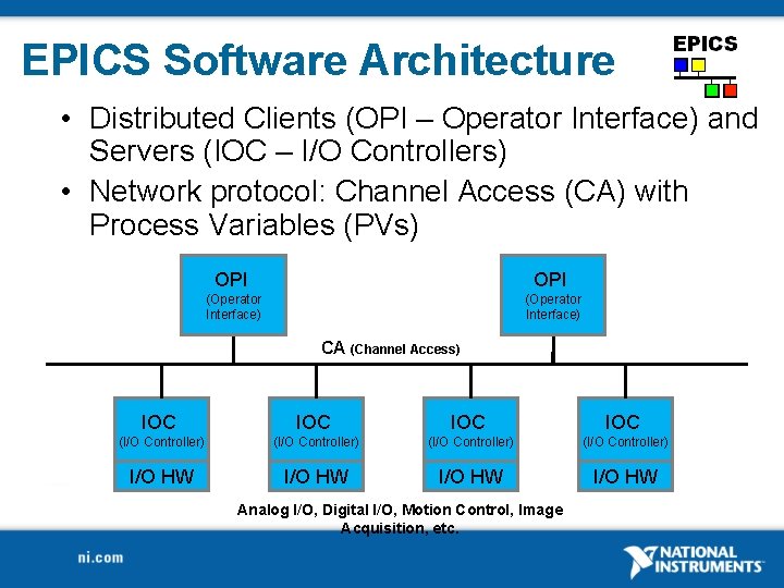 EPICS Software Architecture • Distributed Clients (OPI – Operator Interface) and Servers (IOC –
