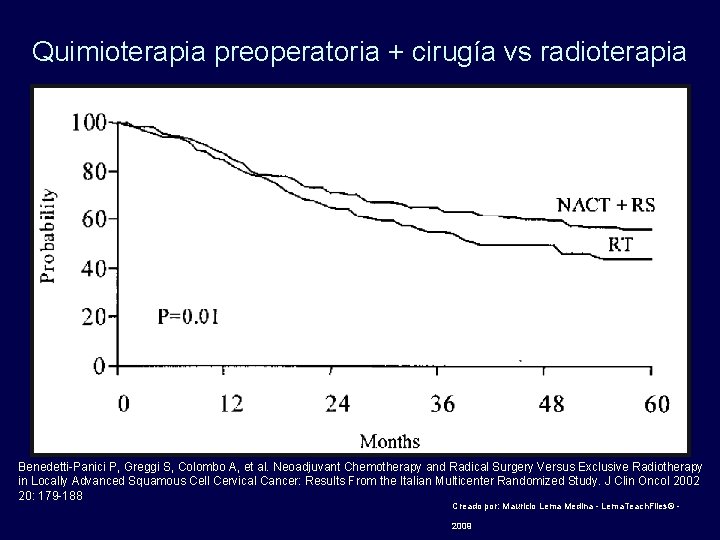 Quimioterapia preoperatoria + cirugía vs radioterapia Benedetti-Panici P, Greggi S, Colombo A, et al.