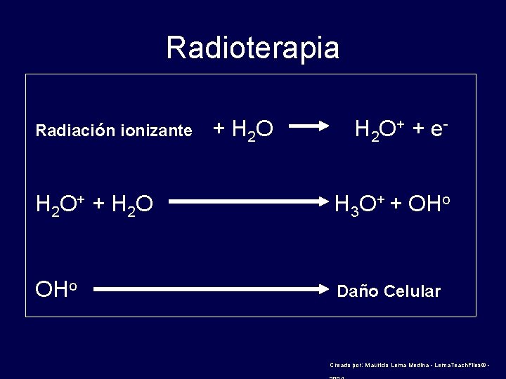 Radioterapia Radiación ionizante + H 2 O H 2 O+ + e- H 2