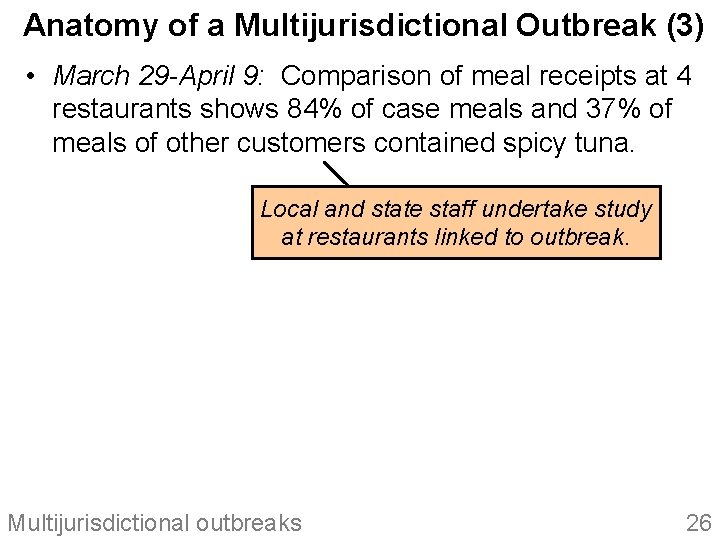 Anatomy of a Multijurisdictional Outbreak (3) • March 29 -April 9: Comparison of meal