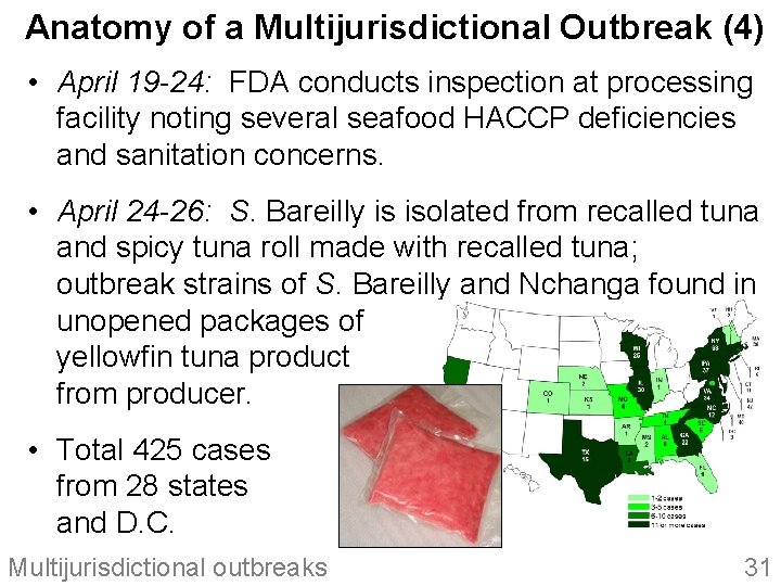 Anatomy of a Multijurisdictional Outbreak (4) • April 19 -24: FDA conducts inspection at