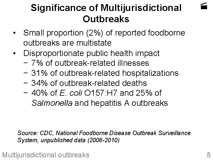 Significance of Multijurisdictional Outbreaks • Small proportion (2%) of reported foodborne outbreaks are multistate